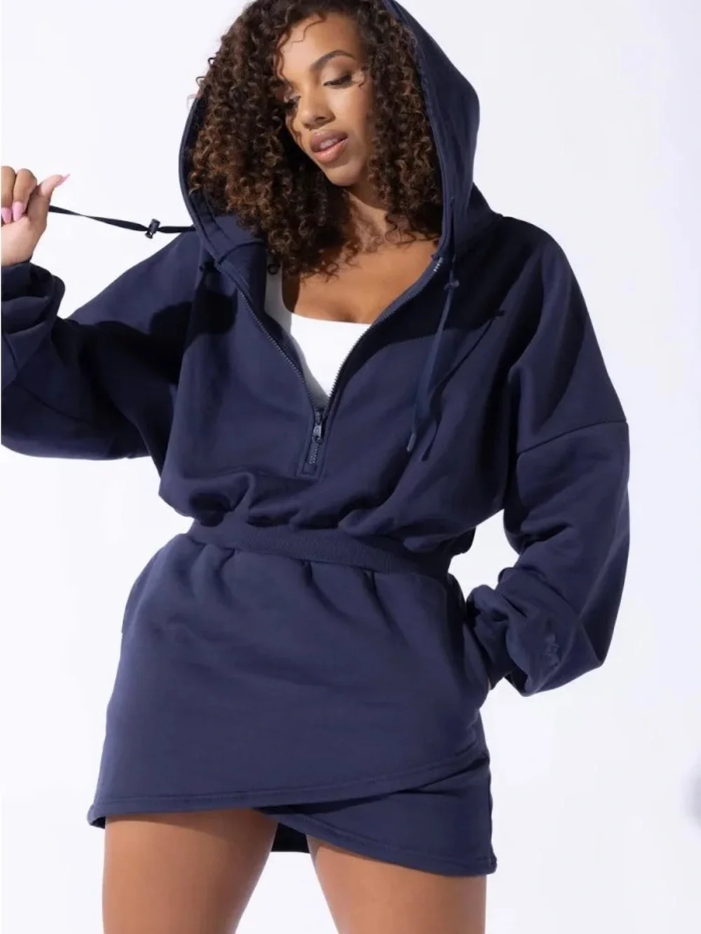 POPFLEX Navy Blue Zip-Up Hoodie Dress - Picture 4 of 7